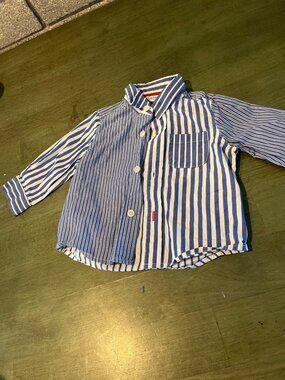 Baby Boden Boys Blue & White Striped Button-Up Shirt 6-12 Months Cotton Blend